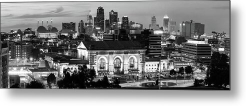 Kansas City Metal Print featuring the photograph The Panoramic Skyline of Kansas City And Union Station At Dusk - Black and White by Gregory Ballos