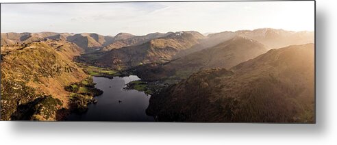 Panorama Metal Print featuring the photograph Ullswater and Glenridding Aerial Lake District 2 by Sonny Ryse