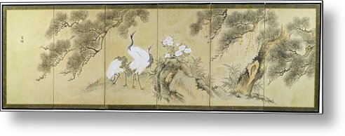 A Sixfold Screen Painted With Cranes Metal Print featuring the painting A Sixfold Screen Painted With Cranes, Pine Trees And Peonies by Eastern Accents