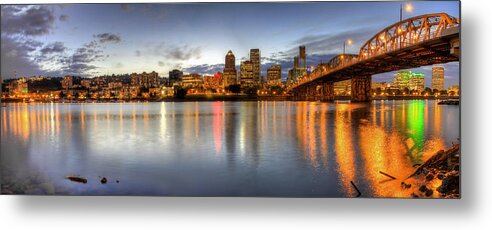 Portland Metal Print featuring the photograph Portland Downtown Skyline Night Panorama 2 by David Gn