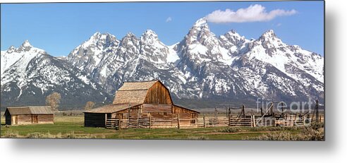 Mormon Row Panorama Metal Print featuring the photograph Moulton Barn Homestead Spring Panorama by Adam Jewell