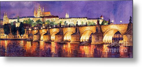 Watercolour Metal Print featuring the painting Prague Night Panorama Charles Bridge by Yuriy Shevchuk