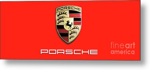 Porsche-logo Metal Print featuring the photograph High Res Quality Porsche Logo - Hood Emblem Isolated on Colorful Red Background by Stefano Senise