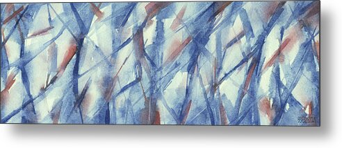 Abstract Metal Print featuring the painting Blue White and Coral Abstract Panoramic Painting by Beverly Brown PRints
