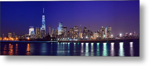 Blue Hour Panorama World Trade Center Metal Print featuring the photograph Blue Hour Panorama New York World Trade Center with Freedom Tower from Liberty State Park by Raymond Salani III