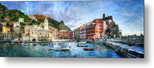 Cinque Terre Metal Print featuring the photograph Cinque Terre - Vernazza from the breakwater - Vintage version by Weston Westmoreland