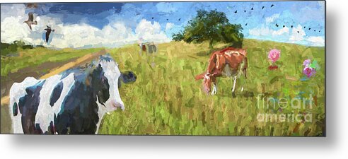 Cows. Field Metal Print featuring the photograph Cows in field, ver 2 by Larry Mulvehill
