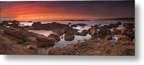 #panoramic #seascape #sea #beautiful #orange #rocks #waves #cornwall #relaxing #striking #colourful #sunset #panorama #sand #england #smooth #still #ocean #sharp #texture #ruff #scenic #long #summer #evening Metal Print featuring the photograph To Sea's Unknown by John Chivers