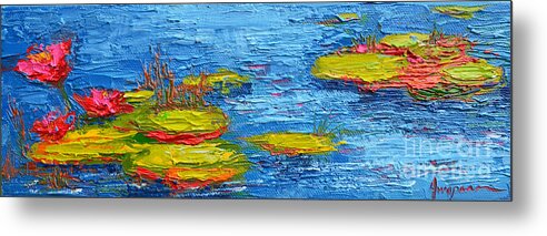 Waterlilies Pond Panoramic View Of Lily Pads Oil On Canvas Metal Print featuring the painting Waterlilies Pond Panoramic View of Lily Pads -Modern Impressionist Knife Palette Oil Painting by Patricia Awapara