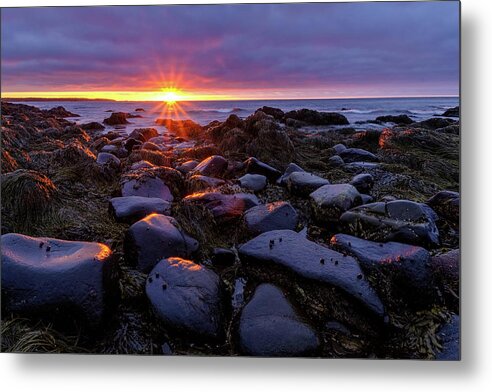 Ocean Metal Print featuring the photograph Sunrise Fire On The New Hampshire Coast. by Jeff Sinon