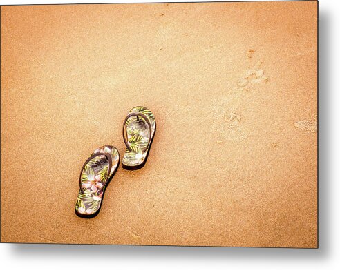 Beach Life Metal Print featuring the photograph Flip-Flops On The Sand. by Jeff Sinon