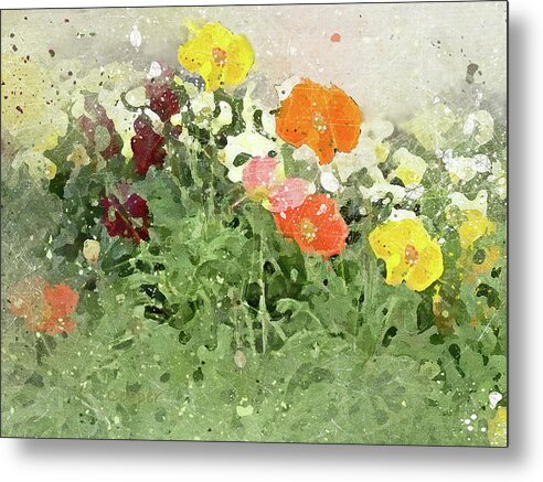Poppies Plants Nature Yellow Orange Red Purple White Green Peggy Cooper Cooperhouse Digital Photography Art Impressionism Creative Graphic Art Design       Metal Print featuring the digital art Poppies 2-F by Peggy Cooper-Hendon
