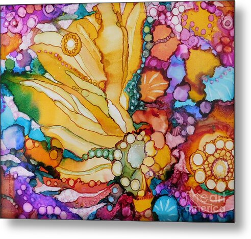 This Vibrant Rainbow-colored Abstract Design Was Done On White Ceramic Tile. Alcohol Ink Is A Very Exciting Medium Because Metal Print featuring the painting Poco Tropical by Joan Clear