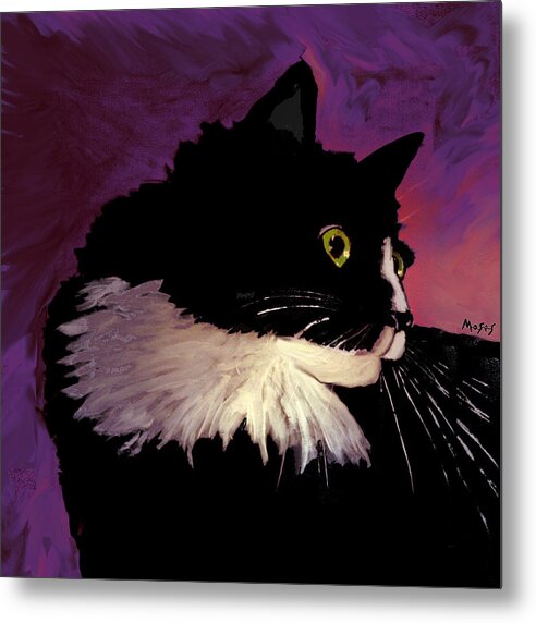 Cat Metal Print featuring the painting Black Cat on Purple by Dale Moses