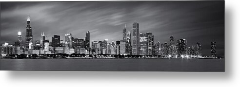 3scape Metal Print featuring the photograph Chicago Skyline at Night Black and White Panoramic by Adam Romanowicz