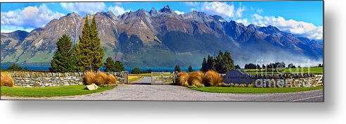 Mountains Mountain Landscape Landscapes South Island New Zealand Valley Pano Panorama Farming Road Gate Stone Wall Glenorchy Rural Landscape Landscapes South Island New Zealand Lake Wakatipu Panoramic Panoramas Blanket Bay Metal Print featuring the photograph Blanket Bay and Mt Bonpland by Bill Robinson