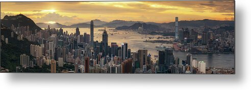 Aerial Metal Print featuring the photograph Sunrise day to night shot over Victoria Harbor by Anek Suwannaphoom