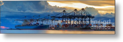 Port Metal Print featuring the photograph Container Cargo freight ship with working crane loading #1 by Anek Suwannaphoom