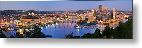 Pittsburgh Skyline Metal Print featuring the photograph Pittsburgh Pennsylvania Skyline at Dusk Sunset Extra Wide Panorama by Jon Holiday