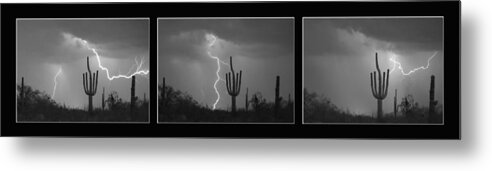 Lightning Metal Print featuring the photograph Southwest Saguaro Cactus Desert Storm Panorama BW by James BO Insogna