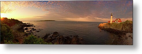 Tranquility Metal Print featuring the photograph Portland Head Light 180 Degree Pano May by Www.cfwphotography.com
