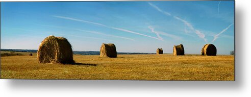 Haybales Metal Print featuring the photograph Haybales and Jet Trails by Rod Seel