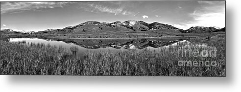 Slough Creek Metal Print featuring the photograph Slough Creek Reflection Panorama Black And White by Adam Jewell