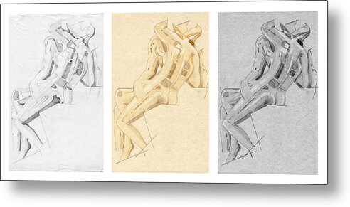 The Kiss Metal Print featuring the drawing The Kiss - Triptych - Homage Rodin by David Hargreaves