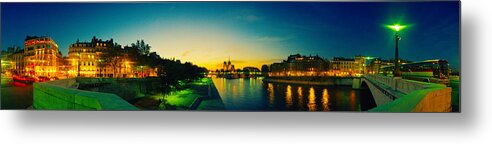 Photography Metal Print featuring the photograph City Lit Up At Dusk, Notre Dame, Paris by Panoramic Images