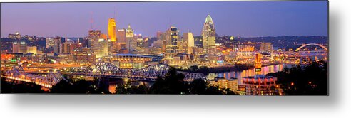 Cincinnati Skyline Metal Print featuring the photograph Cincinnati Skyline at Dusk Sunset Color Panorama Ohio by Jon Holiday