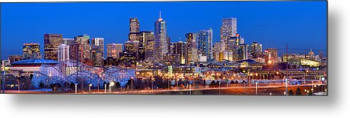 Denver Skyline Metal Print featuring the photograph Denver Skyline at Dusk Evening Color Evening Extra Wide Panorama Broncos by Jon Holiday