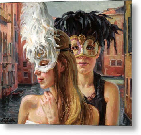 Carnival Metal Print featuring the painting Black and White Feathers  by Serguei Zlenko