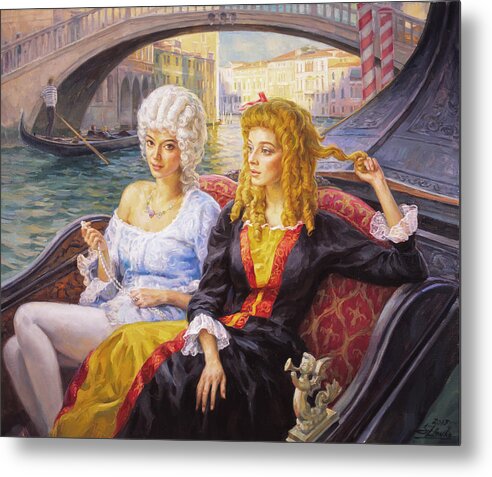 Carnival Painting Metal Print featuring the painting Scene in gondola. Venice. by Serguei Zlenko