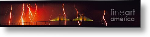 Panorama Metal Print featuring the photograph Tampa Bay Lightning over the Skyway Bridge by Rolf Bertram