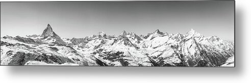 Alpine Metal Print featuring the photograph The Matterhorn and Swiss Mountains Panorama BW by Rick Deacon