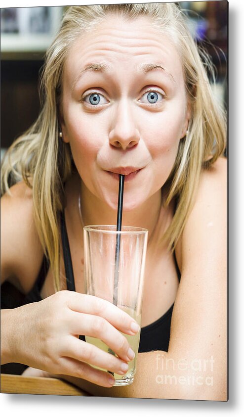 Soda Metal Print featuring the photograph Beautiful blonde woman drinking soda soft drink #1 by Jorgo Photography