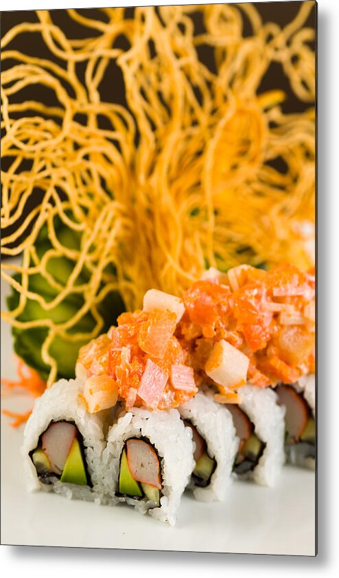 Asian Metal Print featuring the photograph Crab and Salmon Roll by Raul Rodriguez