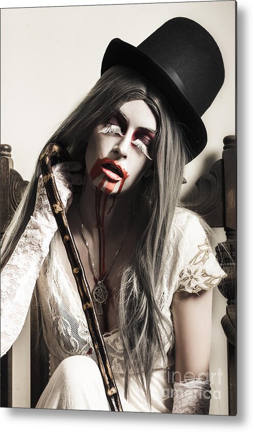 Horror Metal Print featuring the photograph Grunge ghost girl with blood mouth. Dark fine art #1 by Jorgo Photography