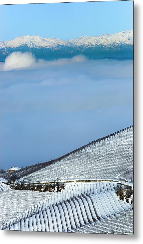 Snow Metal Print featuring the photograph High Angle View Of Fields In Fog #1 by Clay McLachlan