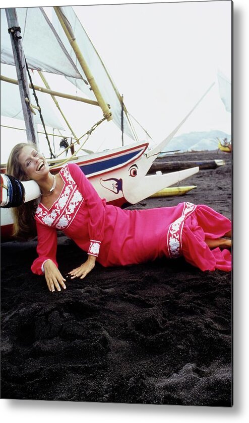 Fashion Metal Print featuring the photograph Lauren Hutton Wearing A Red Dress #1 by Arnaud de Rosnay