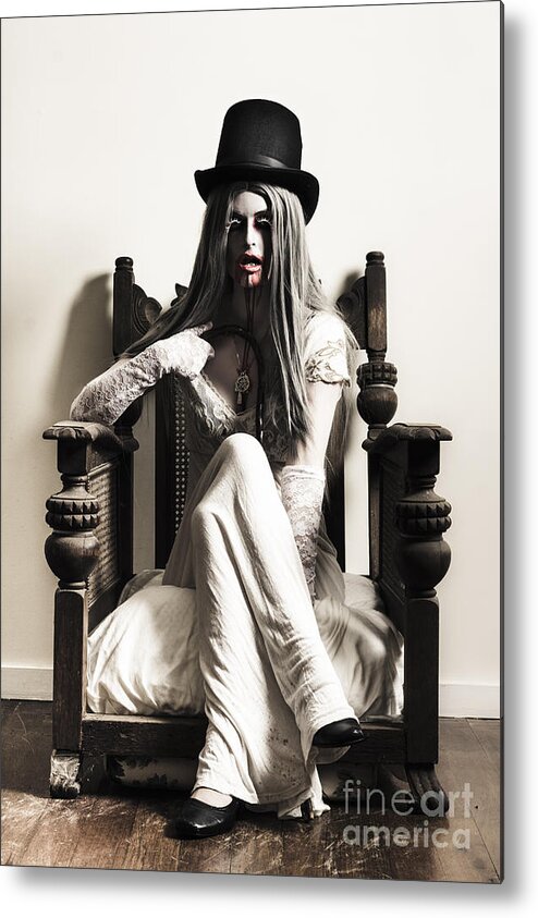 Horror Metal Print featuring the photograph Spooky vampire woman. High fashion horror #1 by Jorgo Photography