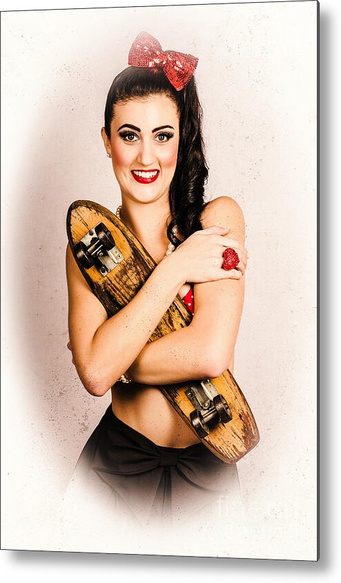 Vintage Metal Print featuring the photograph Vintage portrait of a pin-up model with skateboard #1 by Jorgo Photography
