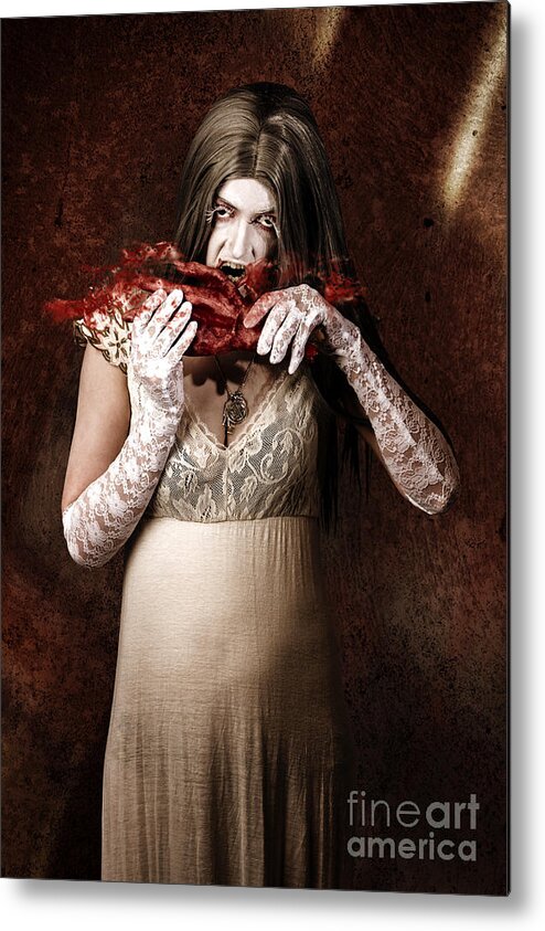 Blood Metal Print featuring the photograph Zombie vampire woman eating human hand #1 by Jorgo Photography