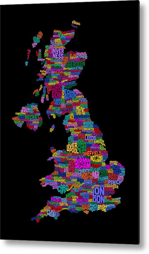 United Kingdom Metal Print featuring the digital art Great Britain UK City Text Map #14 by Michael Tompsett