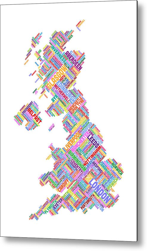 United Kingdom Metal Print featuring the digital art Great Britain UK City Text Map #19 by Michael Tompsett