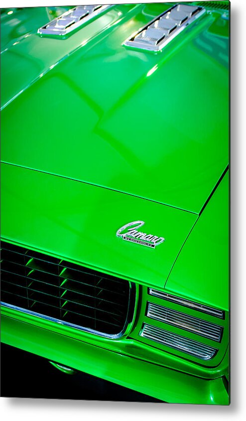 1969 Chevrolet Camaro 396 Rs Ss L89 Hood Emblem Metal Print featuring the photograph 1969 Chevrolet Camaro 396 RS SS L89 Hood Emblem by Jill Reger