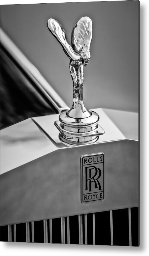 1994 Rolls-royce Hood Ornament Metal Print featuring the photograph 1994 Rolls-Royce Hood Ornament - Emblem -0691bw by Jill Reger