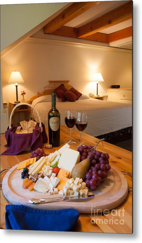 New England Metal Print featuring the photograph Wine and cheese in a luxurious hotel room. #2 by Don Landwehrle