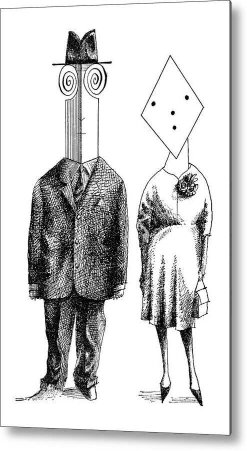 Saul Steinberg 115915 Steinbergattny   (couples And Individuals With Unusually Shaped Faces.) 2-page Appearances Appears Business Character Class Clothes Clothing Coat Couples Depicts Example Face Faces Fur Furs Geometry High Humanity Individuals Low Man Mind Occupation People Personality Profession Professional Psychological Psychology Rock Shape Shaped Shapes Similar Slab Social Society Spread Their Tycoon Type Types Unusually Metal Print featuring the drawing New Yorker May 5th, 1962 #3 by Saul Steinberg