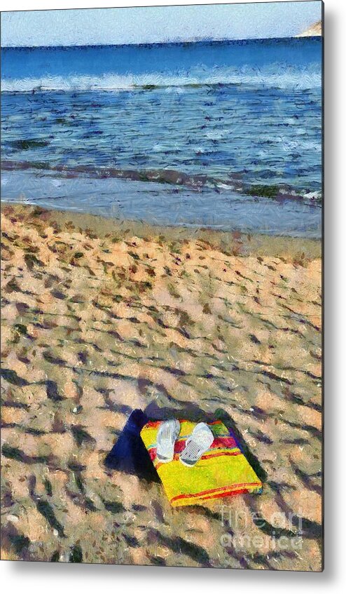 Flip Metal Print featuring the painting Flip flops and towels on beach #4 by George Atsametakis